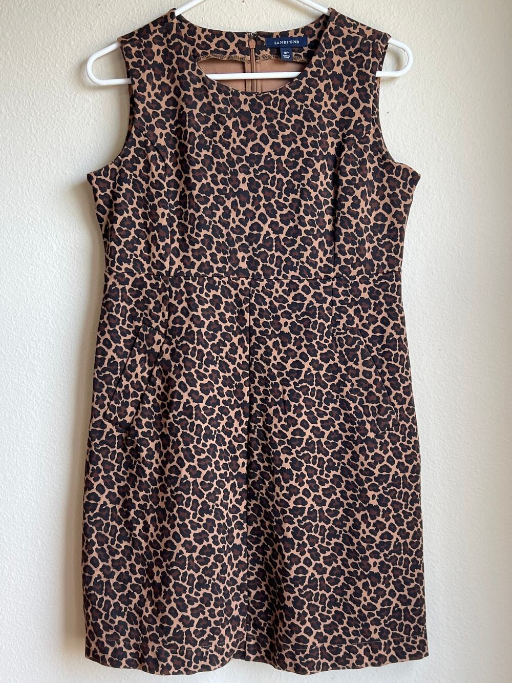 Lands End Leopard Sleeveless Ponte Knit Sheath Dress Pockets Size 8P